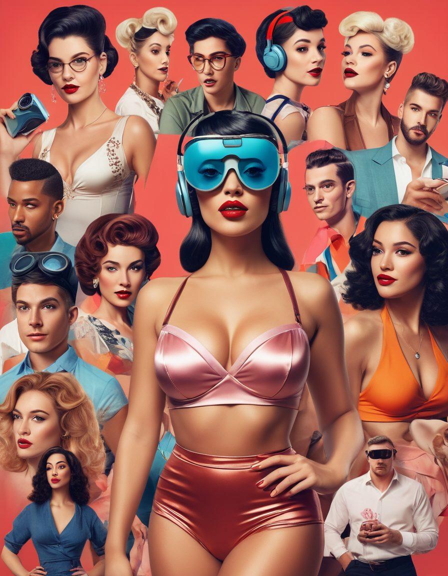 A dynamic collage showcasing a diverse range of adult content creators, from vintage pin-up artists to modern digital influencers, surrounded by evolving technologies such as VR headsets and smartphones. The background features a timeline of adult industry milestones, blending classic aesthetics with contemporary design. Highlight inclusivity with various body types, genders, and ethnicities confidently expressing themselves. The overall tone should reflect empowerment and innovation. vibrant colors. super-realistic.