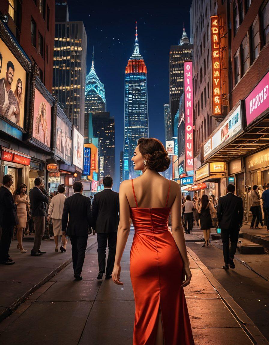 A glimpse behind the curtain featuring a dynamic film set with bright lights, cameras, and crew working diligently. In the foreground, adult film stars of diverse backgrounds share laughter and camaraderie, dressed in stylish yet glamorous outfits. The backdrop should showcase a vibrant city skyline evoking the entertainment industry. Include elements like clapperboards and colorful posters to highlight the film theme. super-realistic. vibrant colors. cinematic style.